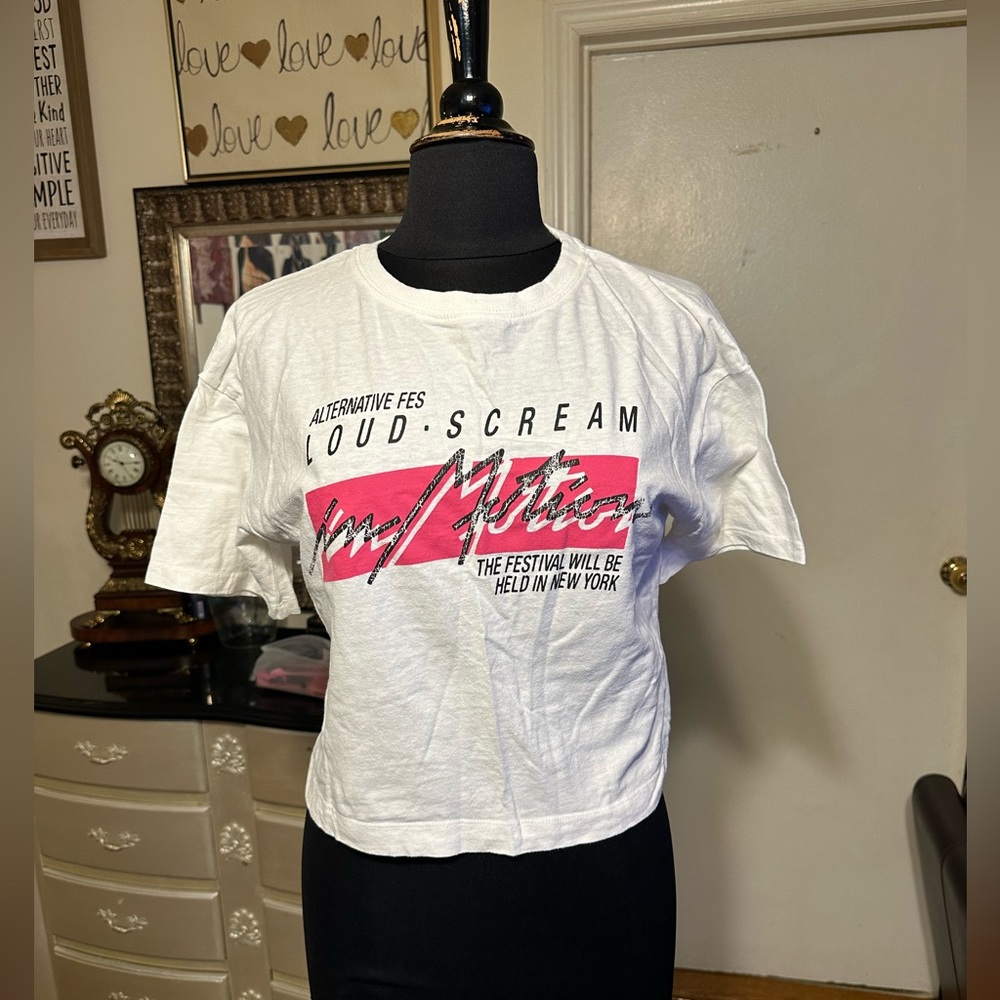 MOUSSY 100% GIRL WOMENS CROPPED T-SHIRT SIZE 1 COLOR WHITE AND PINK